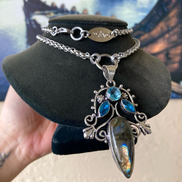 925 Sterling silver overlay natural labradorite sapphire aquamarine necklace - Picture 3 of 16